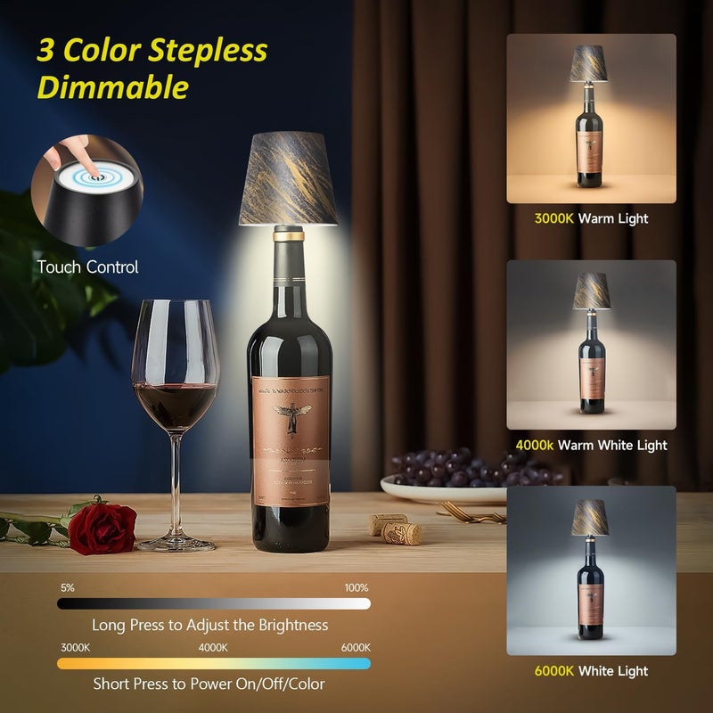 Hoide Store 2025 New Wireless Bottle Lamp - LED Bottle Lights for Liquor & Wine Bottles, Cordless Lampshade, Whiskey Bottle Top Light, Bottle Stopper Night Light Kit, Rechargeable 3-Tone Touch-Dimmable - Image 2